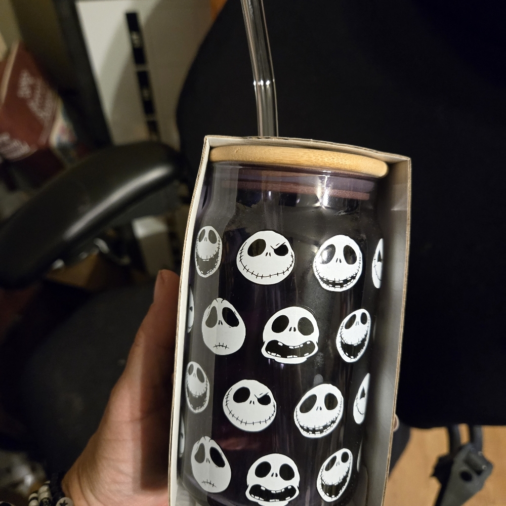 Nightmare before christmas glass cup with lid and straw.